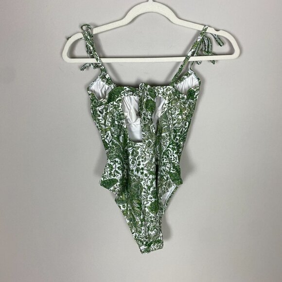 Berlook Retro Floral Drawstring Ruched One-Piece Swimsuit Womens XS Green - Picture 4 of 8